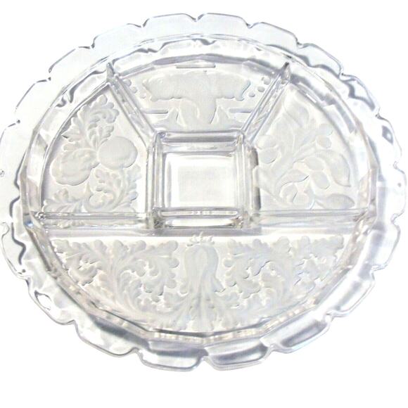Indiana Glass Divided Plate Serving Platter Coi Fish Fleur de Lis 5Way Clear Vtg - Picture 1 of 8